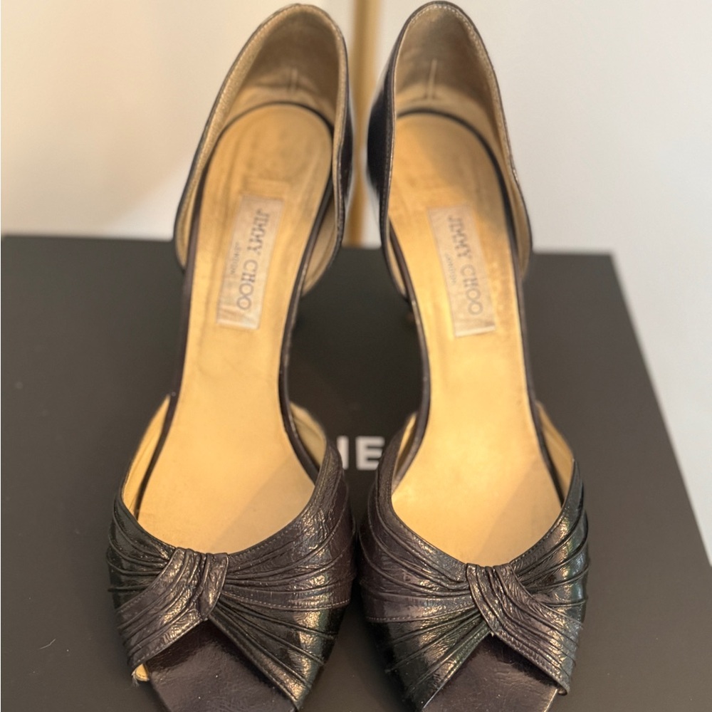 Jimmy Choo Metallic Black Peep-Toe Slingback Heels